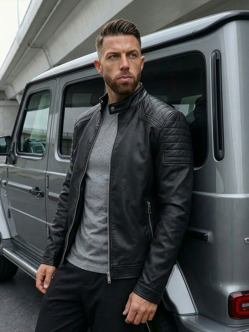 Ανδρικό δερμάτινο μπουφάν μαύρο OZONEE JS/11Z8139