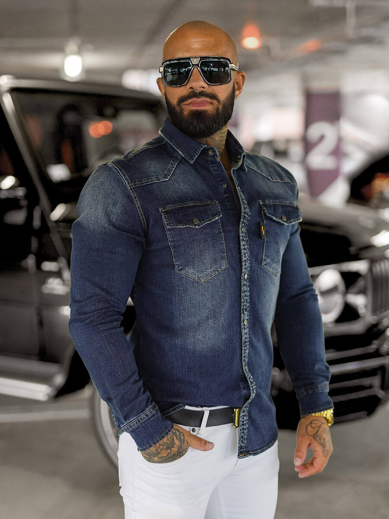 Ανδρικό τζιν πουκάμισο Σκούρο μπλε OZONEE O/51410