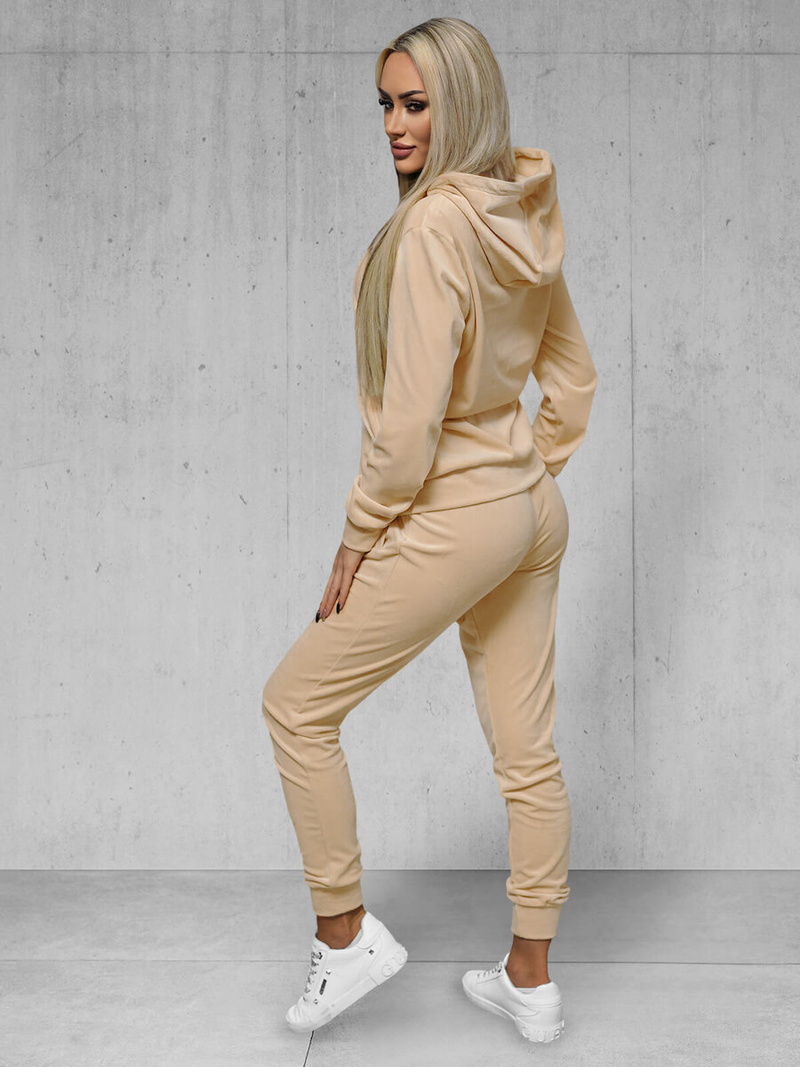 Γυναικείο βελούδινο σετ φόρμας ανοιχτό μπεζ OZONEE JS/8C1176/159