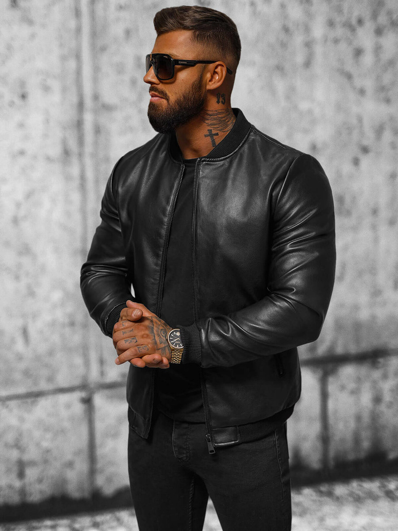 Ανδρικό δερμάτινο μπουφάν μαύρο OZONEE JS/11Z8107