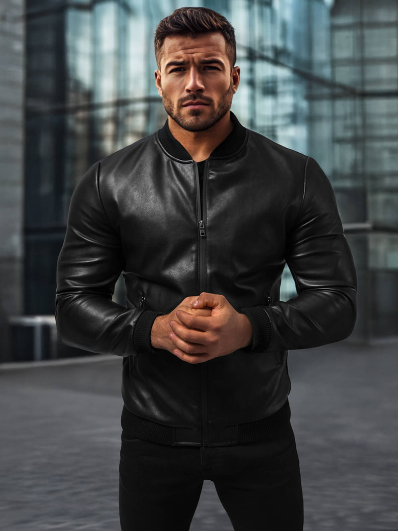 Ανδρικό δερμάτινο μπουφάν μαύρο OZONEE JS/11Z8015Z