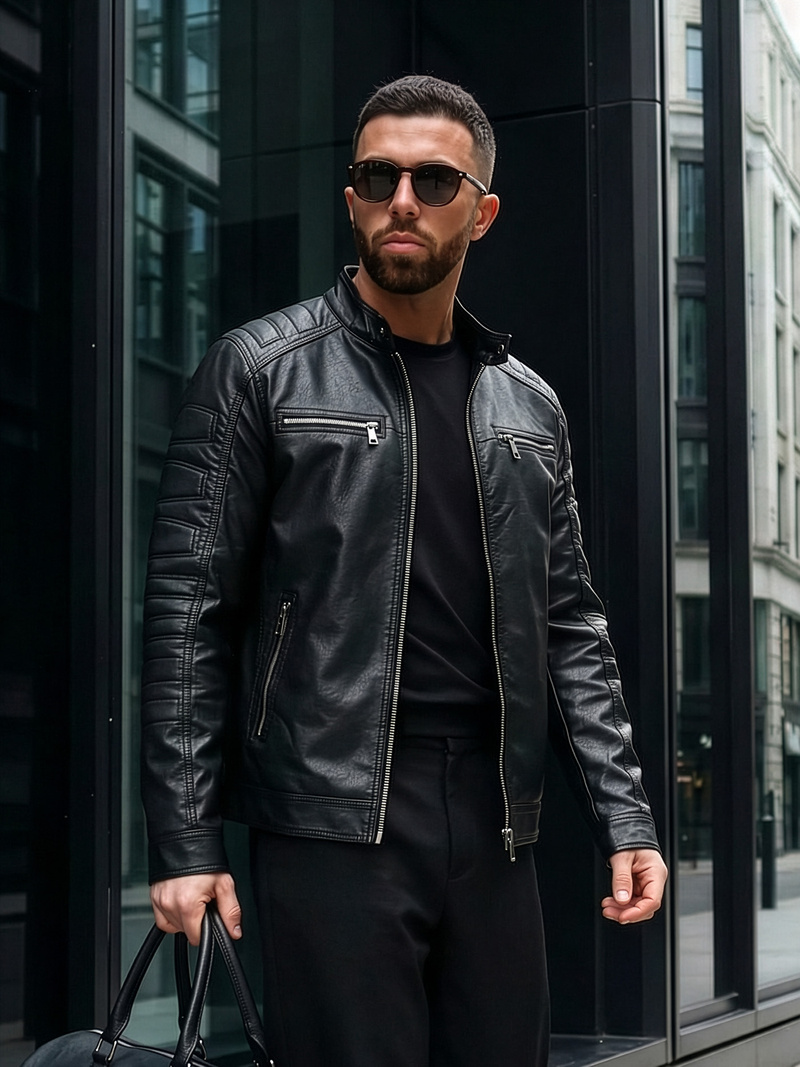 Ανδρικό δερμάτινο μπουφάν μαύρο OZONEE JS/11Z8138