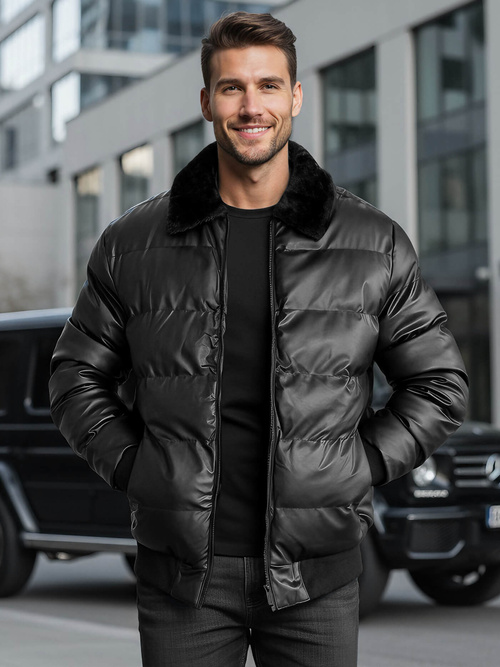 Ανδρικό δερμάτινο μπουφάν μαύρο OZONEE O/M795Z