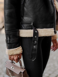 Γυναικείο δερμάτινο μπουφάν μαύρο-μπεζ OZONEE JS/11Z8177