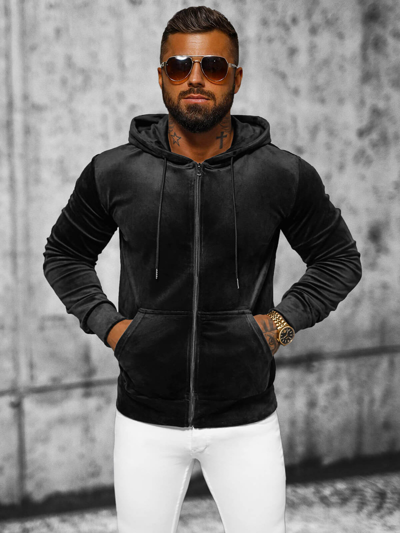 Ανδρικό βελούδινο Φούτερ με Kουκούλα μαύρο OZONEE JS/8B1168/3