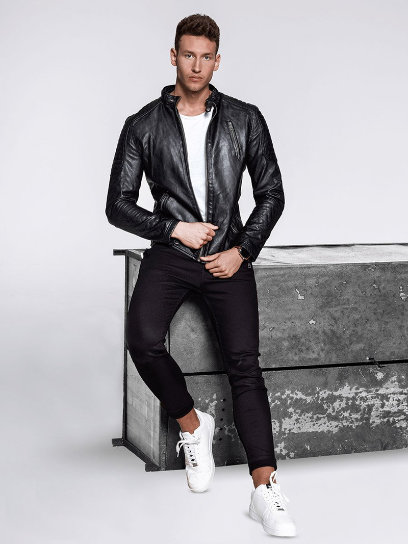 Ανδρικό δερμάτινο μπουφάν μαύρο OZONEE YD/BF5916309Z