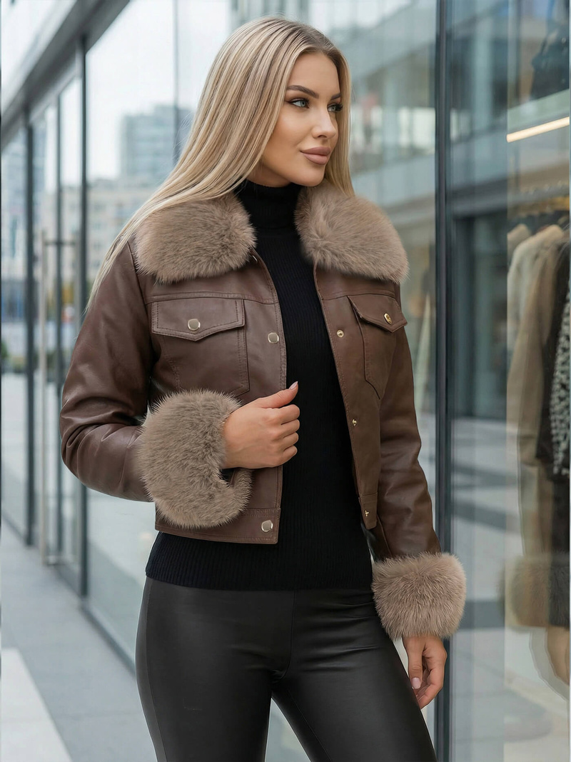 Γυναικείο δερμάτινο μπουφάν Σοκολάτα OZONEE JS/61M8513/158