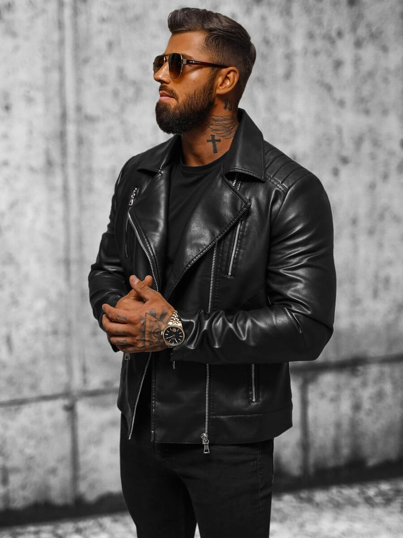 Ανδρικό δερμάτινο μπουφάν μαύρο OZONEE JS/11Z8056