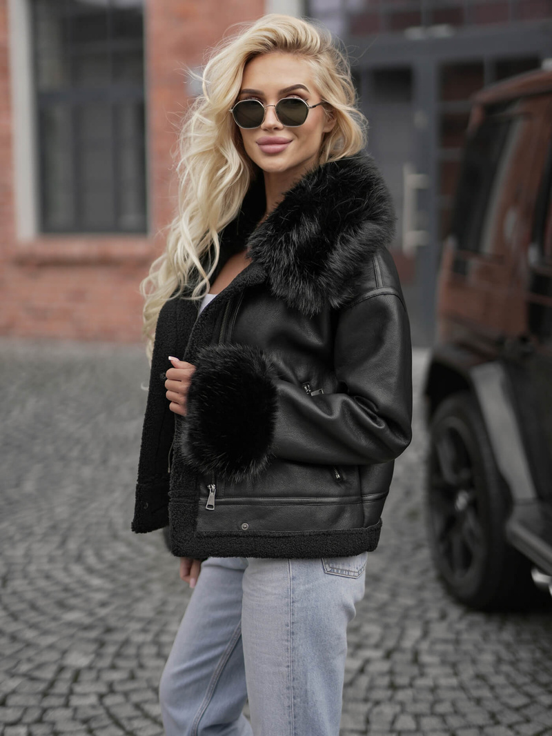 Γυναικείο δερμάτινο μπουφάν μαύρο OZONEE JS/61M8505/392Z