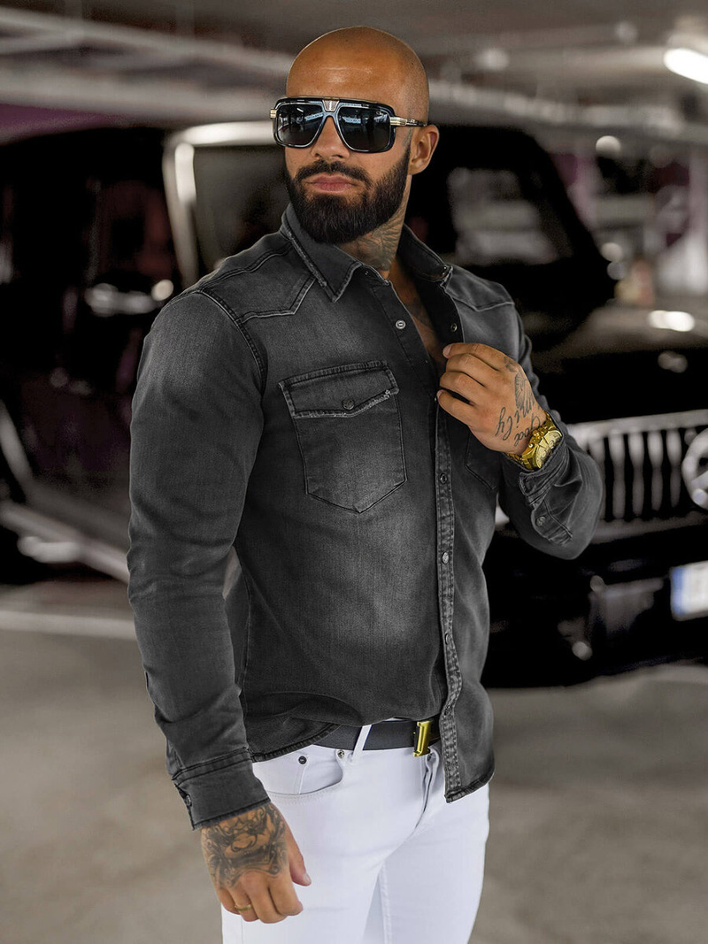 Ανδρικό τζιν πουκάμισο γραφίτη OZONEE O/51413