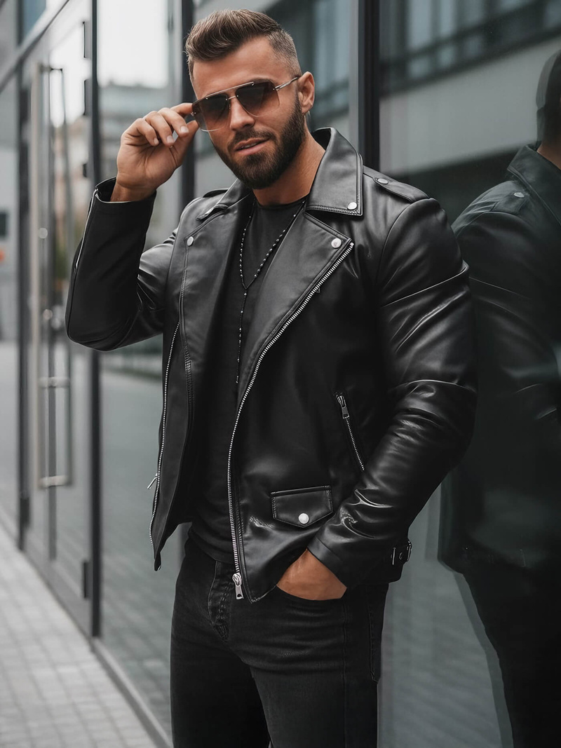 Ανδρικό δερμάτινο μπουφάν μαύρο OZONEE JS/11Z8014Z